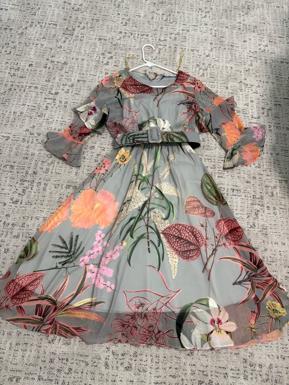 Floral Belted Midi Dress in Gray with Pink & Coral Blooms     Made in Turkey
